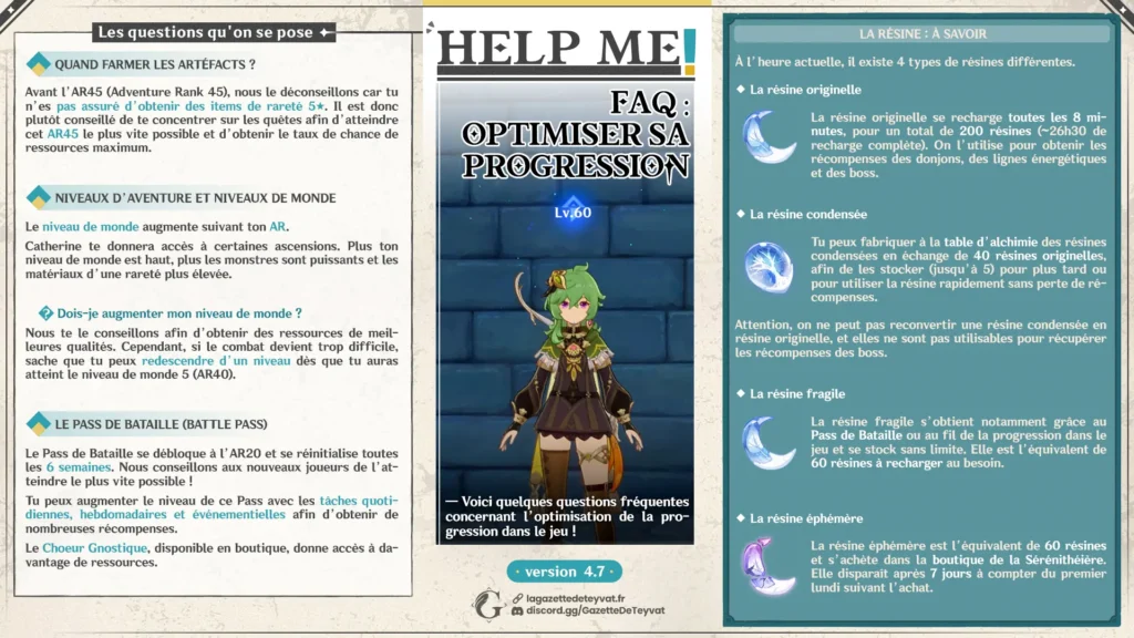 Guide Genshin Impact, FAQ, optimisation de la résine et progression du jeu