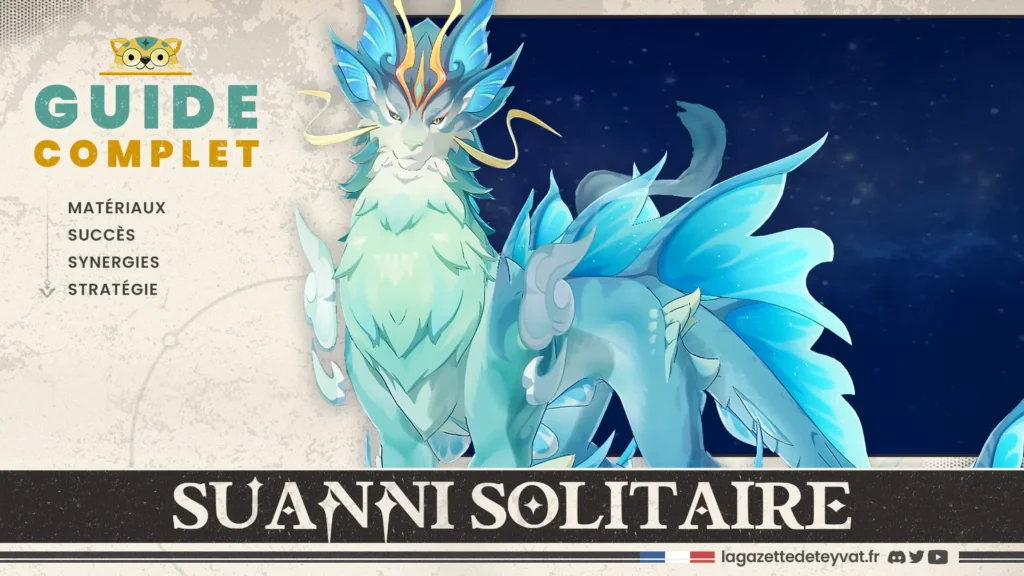 Suanni solitaire Genshin Impact, guide complet, matériaux, succès, synergies, stratégie