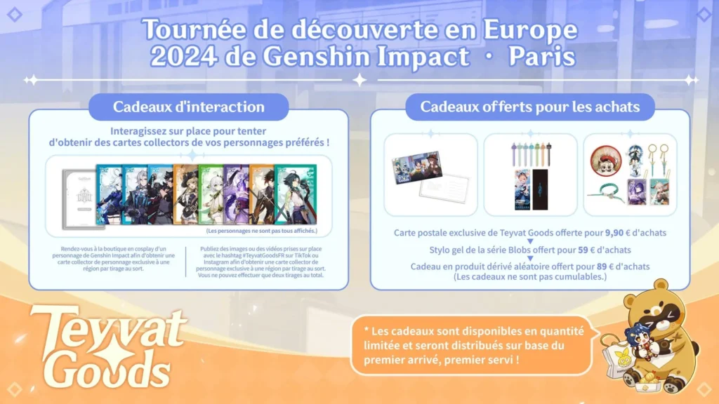 Étapes à suivre lors de Teyvat Goods 2024 ― Boutique éphémère de produits dérivés du jeu Genshin Impact à Paris.