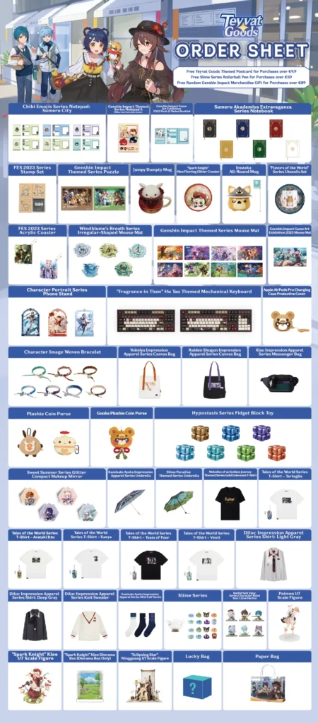 Liste des produits dérivés disponibles lors de Teyvat Goods 2024 ― Boutique éphémère de produits dérivés du jeu Genshin Impact à Paris.