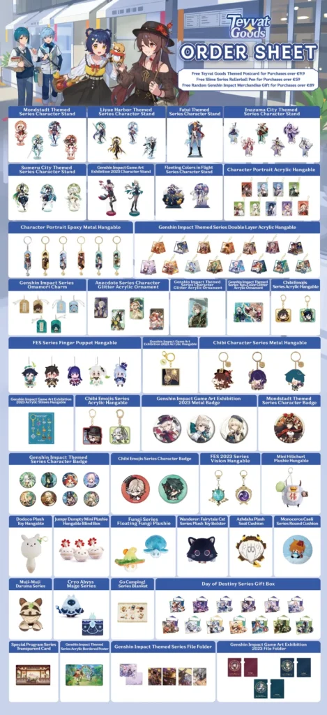 Liste des produits dérivés disponibles lors de Teyvat Goods 2024 ― Boutique éphémère de produits dérivés du jeu Genshin Impact à Paris.